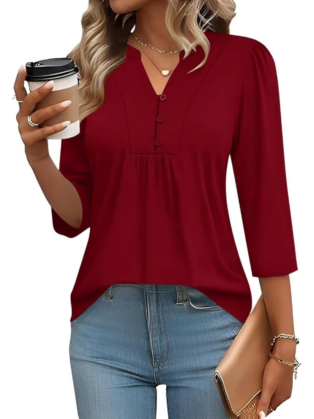 Women's 3/4 Length Sleeve Tops Dressy Casual Henley V-Neck Summer Tops Red